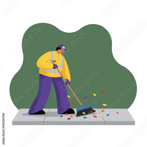 Street cleaner sweeping colorful trash on sidewalk in casual outfit vector illustration 