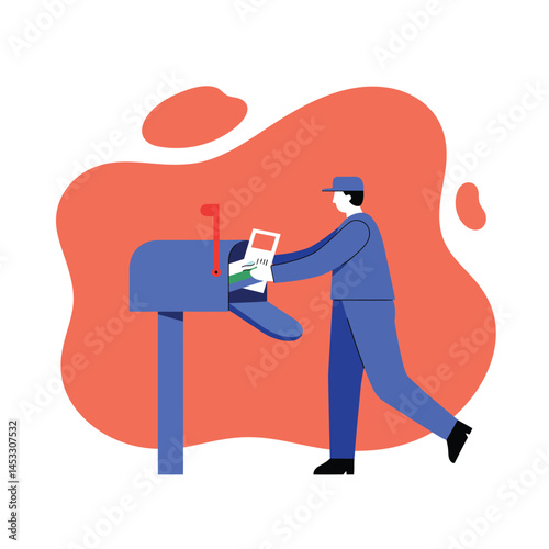 Mail carrier delivering letters to mailbox in flat vector style with blue and orange colors 