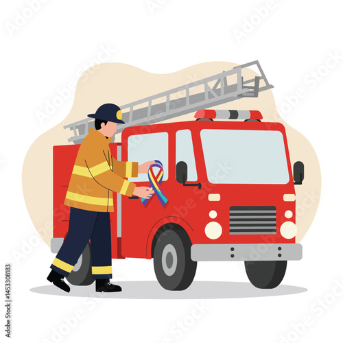 Firefighter placing awareness ribbon on red fire truck illustrating safety and support in emergency services vector 