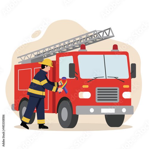 Firefighter applying awareness ribbon on red fire truck vector illustration for safety and support campaigns 