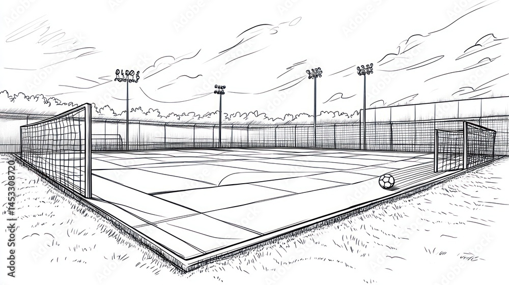 Fototapeta premium Outdoor soccer field sketch, drawing, background, possible use for education, design or art