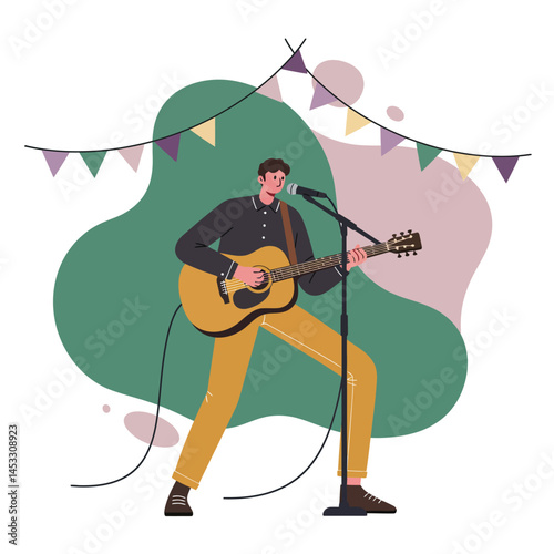 Male musician playing acoustic guitar during live performance with decorative bunting background vector illustration 
