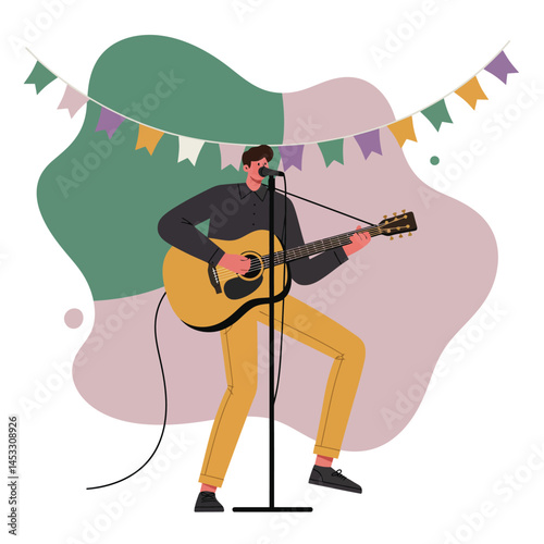 Male guitarist performing live music with microphone stand and colorful festive flags background vector illustration 