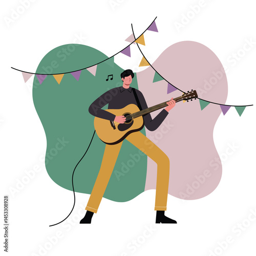 Man playing acoustic guitar at festive party with colorful flags vector illustration 