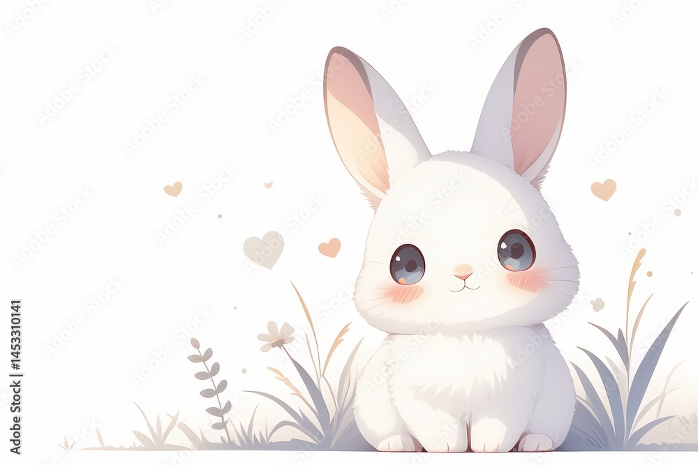 Obraz premium Adorable white rabbit with soft fur and blue eyes sitting in a grassy field