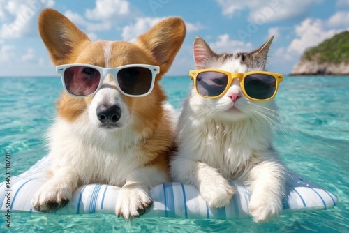 Dog and cat wearing sunglasses, floating on raft in ocean, enjoying summer vacation together.