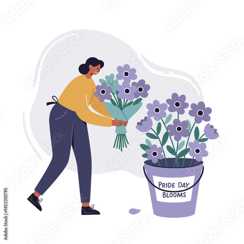 Woman arranging purple flowers in pot labeled Pride Day Blooms for special occasion celebration and care 