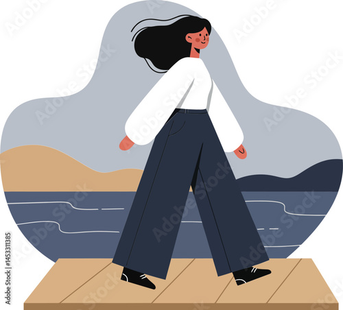 Woman walking on wooden pier near lake with mountains in background vector illustration 