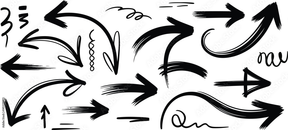 Black hand drawn arrows collection various shapes and directions isolated on white background Black hand drawn arrows collection various shapes and directions isolated on white background