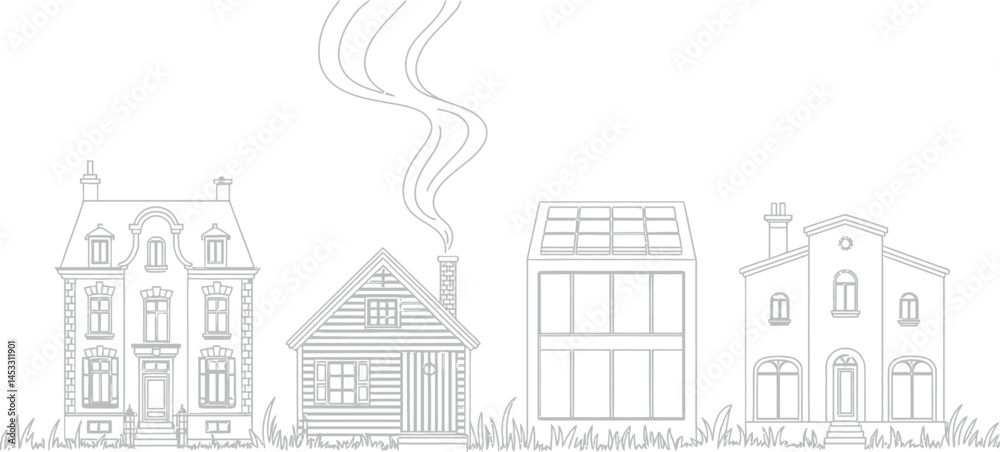 Vector illustration depicting various house architectural styles with smoke rising from a chimney Vector illustration depicting various house architectural styles with smoke rising from a chimney
