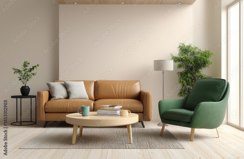 Design Elegant Indoor Environment with Wood Floor, Cozy Sofa, and Green Armchair Interior Decor