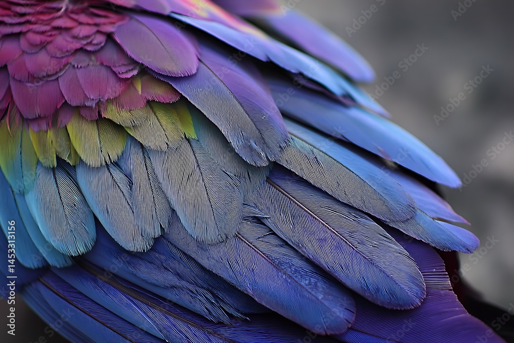 Fototapeta premium Up close purple feathers macaw macro view