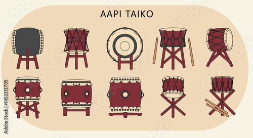 Japanese traditional taiko drums set vector illustration with wooden stands and drumsticks in red and beige colors 
