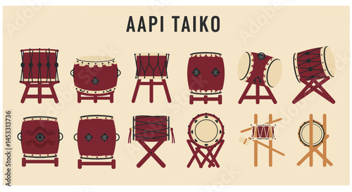 AAPI Taiko Traditional Japanese Drums Set Vector Illustration Cultural Music Instruments Collection 