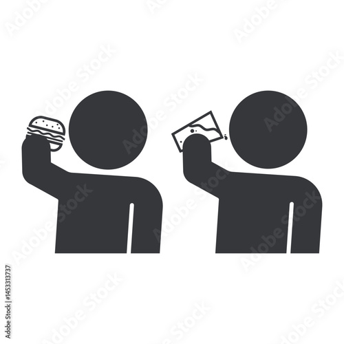 Bundle icon set of man drinking water on glass and eat burger