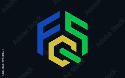 The FQS or FOS monogram hexagon shape logo in a masculine, simple, geometric, bold, strong, stable, modern and professional style. Ideal for industries such as construction, technology or security.