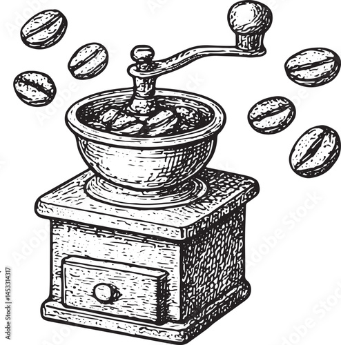 Retro hand-crank coffee grinder illustrated in hand-drawn etching style for coffee lovers