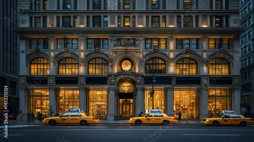 Fifth Avenue shopping street with luxury stores and yellow taxis