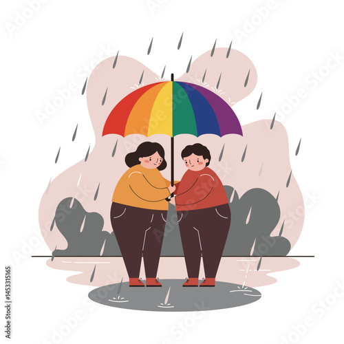 Two people sharing rainbow umbrella in rainy weather protecting each other from rain and cold environment 