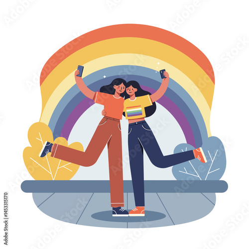 Two young women taking selfies in front of a colorful rainbow with autumn leaves and casual outfits vector illustration 