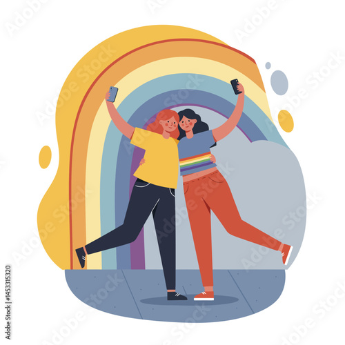Two women taking selfie with rainbow background celebrating friendship and pride together vector illustration 