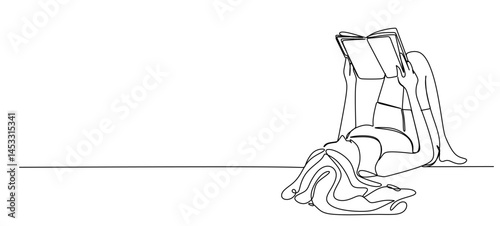 continuous single line drawing of woman on floor in prone position reading a book  line art vector illustration