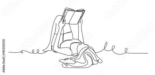continuous single line drawing of woman on floor in prone position reading a book  line art vector illustration