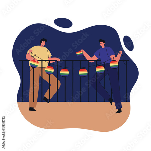 Two men celebrating with rainbow flags and lanterns on balcony outdoors in simple modern illustration style 