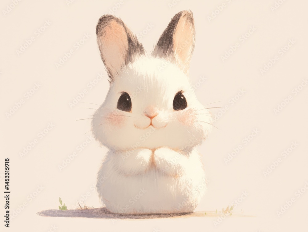 Obraz premium An adorable fluffy bunny with big eyes sits in a field, its paws held together