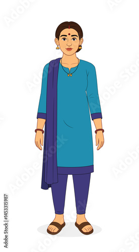 Indian Woman in Suit and Salwar - Front View Character Illustration | 2D Animation Design.