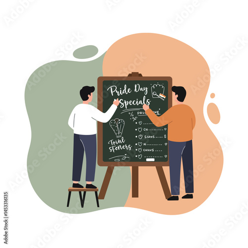 Two men writing on chalkboard with Pride Day specials menu in casual clothing vector illustration 