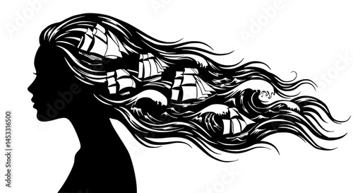 Black and white woman's silhouette with hair forming waves and ships, surreal illustration