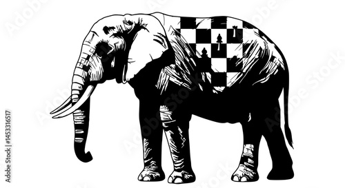 Black and white elephant with chessboard, strategic illustration