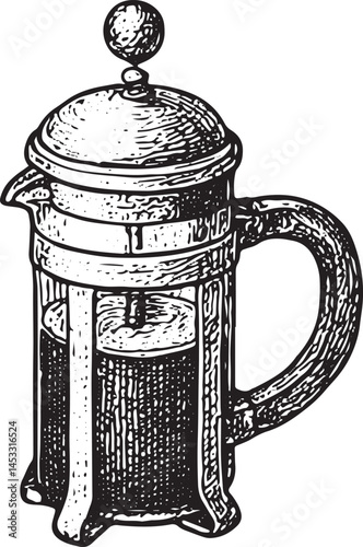 Detailed illustration of a French press coffee maker in hand-drawn engraving style