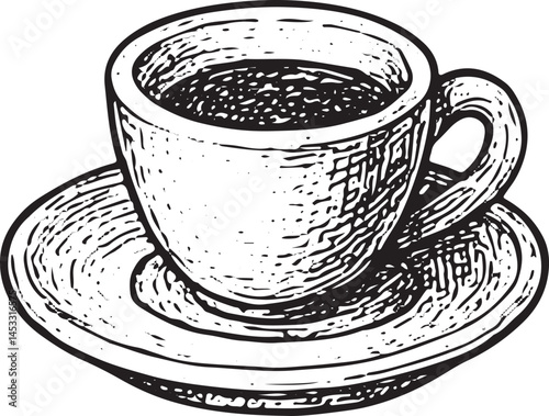 Tiny espresso cup with saucer drawn in traditional engraved style