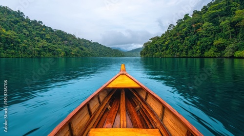 Serene Boat Journey Through Lush Green Forested Lake Landscape
