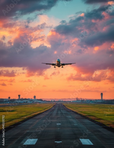 Airplane Ascends Runway During Colorful Sunset Sky, Air Transport Amidst Scenic Landscape