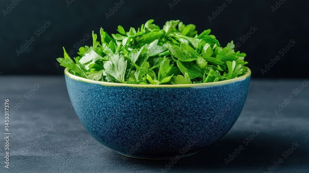 Fresh Green Parsley Leaves in a Blue Bowl on Dark Background Fresh Green Parsley Leaves in a Blue Bowl on Dark Background