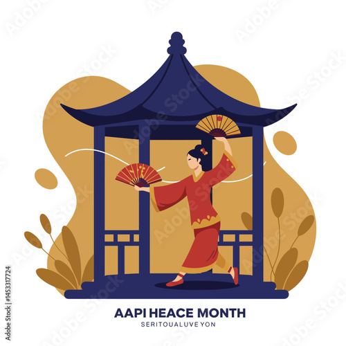 Asian woman performing traditional fan dance in blue pagoda celebrating AAPI Heritage Month with golden background and cultural elements 