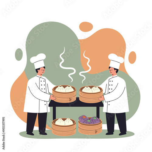 Two chefs holding steaming baskets with dumplings in kitchen background vector illustration 