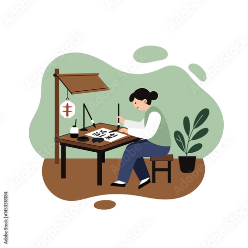Woman practicing traditional calligraphy writing art at desk with brush and ink vector illustration 