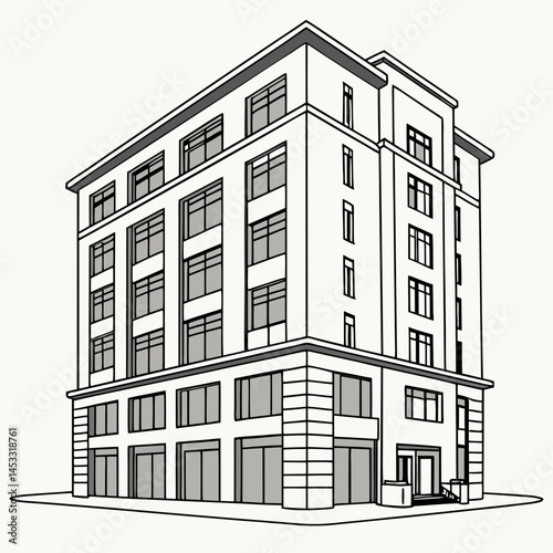 Line Art Illustration Of Modern Building Architecture With Gray Accents