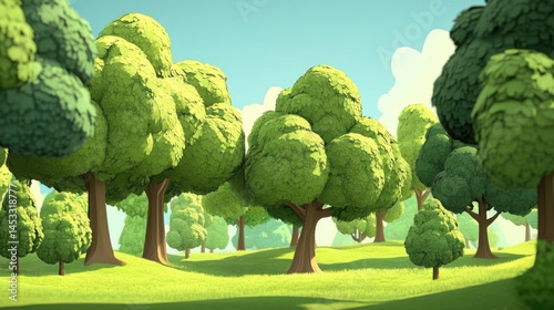 trees populate lush green lawn under blue sky in summer and nature theme