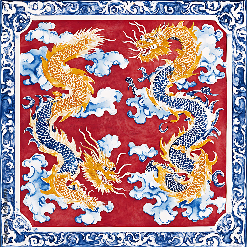 Fototapeta premium Seamless patterns of Chinese and Japanese traditional tile designs with elegant illustrations