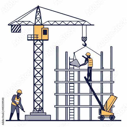 Building Construction Site With Workers Crane And Construction Equipment Illustration