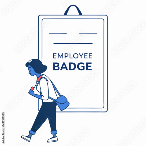 Woman Walking Past An Employee Badge Sign In Blue And White