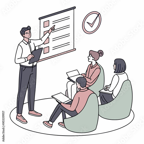 Business Presentation With Attendees Illustration Explaining Checklist And Goals Successfully Achieved