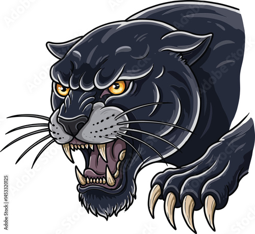 Fierce black panther roaring with sharp claws and intense amber eyes in aggressive pose digital illustration 