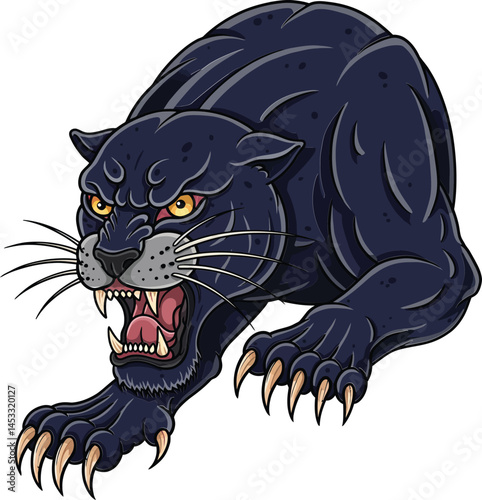 Black panther illustration showing fierce growling wild cat with sharp claws and intense eyes in aggressive pose 
