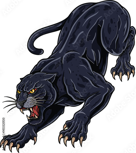 Black panther illustration showing fierce growling pose with sharp claws and intense yellow eyes